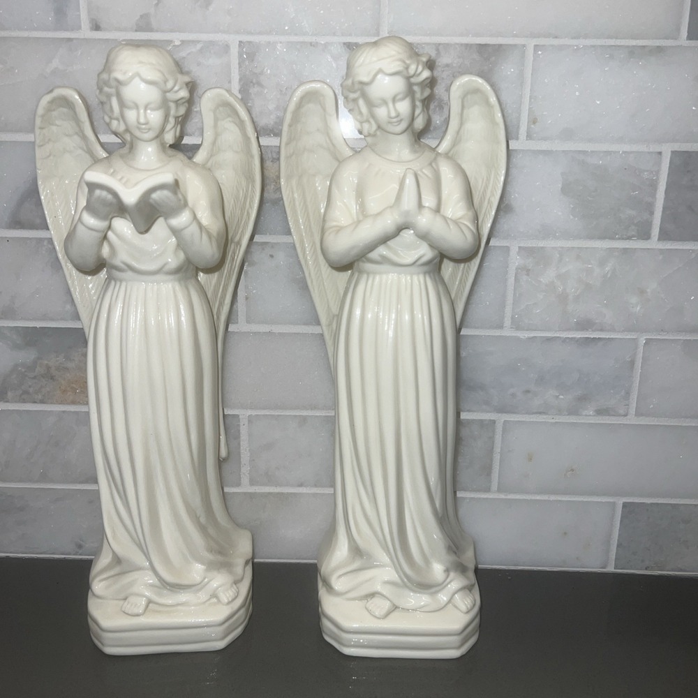 2 Pearlized Porcelain Angel Figurine - 11.5" Tall From Cracker Barrel Heavy